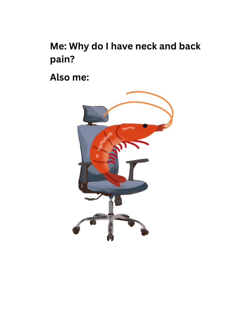 Do not develop shrimp posture at your desk, instead learn how to improve your posture from a physiotherapist or RMT so you can minimize your aches and pains
